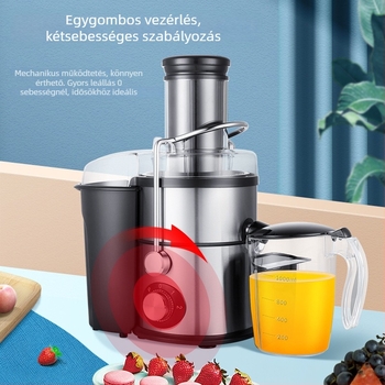 Centrifugális gyümölcsfacsaró rozsdamentes acél testtel és belső tartállyal, 800W+, akár 18000 rpm, kapacitás 1001-1500 ml.