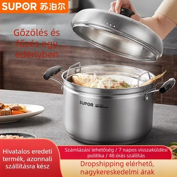 Gőzölőedény 304 rozsdamentes acélból, háromrétegű aljzattal, fedő rozsdamentes acélból és edzett üveggel, kompatibilis gáztűzhellyel és indukciós főzőfelülettel