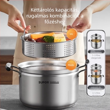 Gőzölőedény 304 rozsdamentes acélból, háromrétegű aljzattal, fedő rozsdamentes acélból és edzett üveggel, kompatibilis gáztűzhellyel és indukciós főzőfelülettel