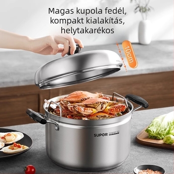 Gőzölőedény 304 rozsdamentes acélból, háromrétegű aljzattal, fedő rozsdamentes acélból és edzett üveggel, kompatibilis gáztűzhellyel és indukciós főzőfelülettel