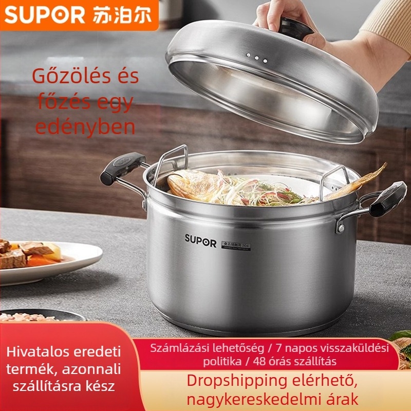 Gőzölőedény 304 rozsdamentes acélból, háromrétegű aljzattal, fedő rozsdamentes acélból és edzett üveggel, kompatibilis gáztűzhellyel és indukciós főzőfelülettel