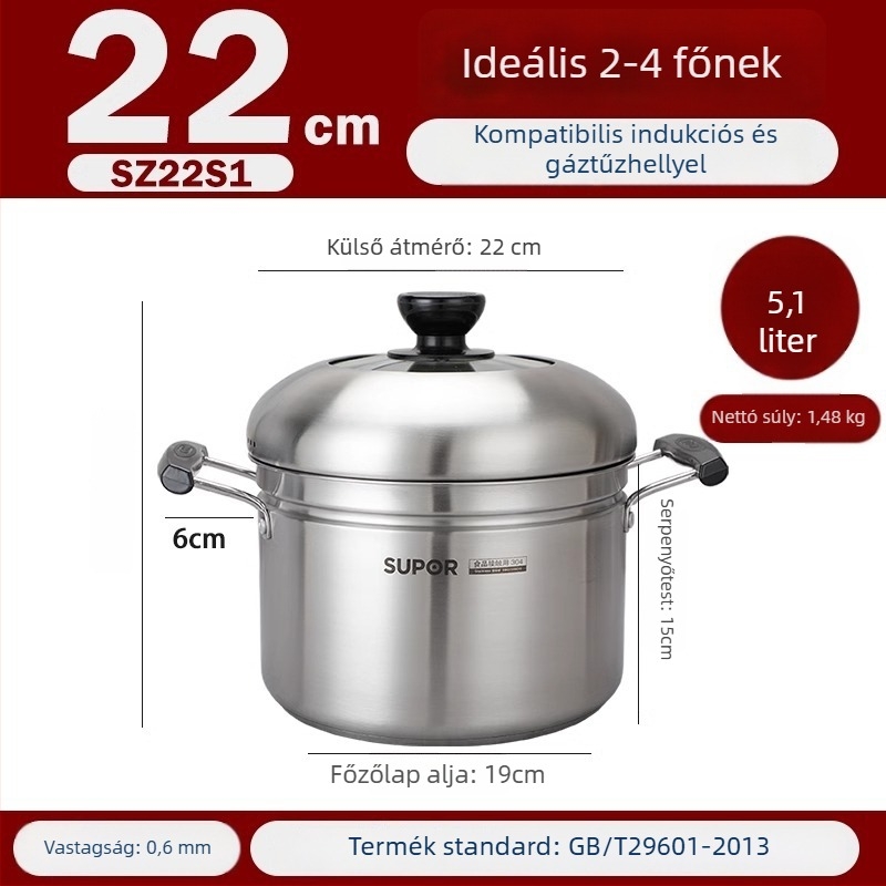 Gőzölőedény 304 rozsdamentes acélból, háromrétegű aljzattal, fedő rozsdamentes acélból és edzett üveggel, kompatibilis gáztűzhellyel és indukciós főzőfelülettel