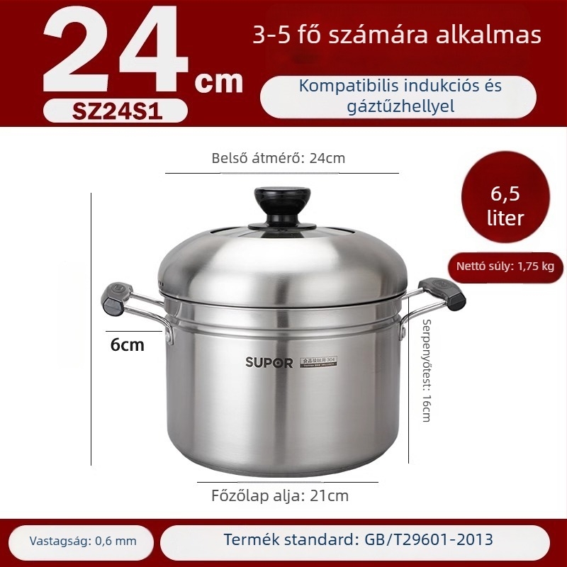 Gőzölőedény 304 rozsdamentes acélból, háromrétegű aljzattal, fedő rozsdamentes acélból és edzett üveggel, kompatibilis gáztűzhellyel és indukciós főzőfelülettel