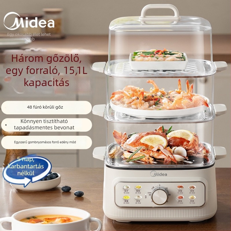 Midea elektromos gőzölő készülék négy réteggel, nagy kapacitású (több mint 10 liter), 1200W, 220V, 50Hz, rozsdamentes gőzölő tálca + tapadásmentes alsó tál, 4-5 főnek