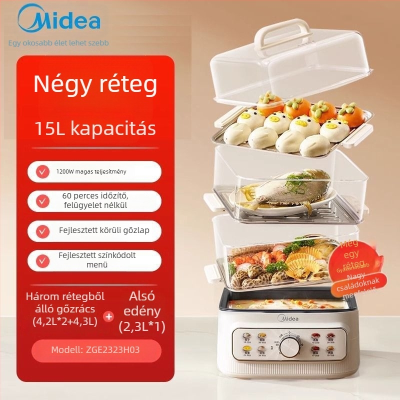 Midea elektromos gőzölő készülék négy réteggel, nagy kapacitású (több mint 10 liter), 1200W, 220V, 50Hz, rozsdamentes gőzölő tálca + tapadásmentes alsó tál, 4-5 főnek