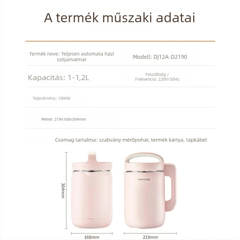 Joyoung Szójaital készítő DJ12A-D2190, 1,2 L kapacitás, 1000 W, 220 V, házba épített fűtés, szitamentes őrlés, melegítő funkció