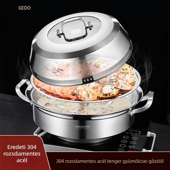 Gőzölő edény, 3 rétegű, 304 rozsdamentes acélból, tartalmaz két pároló tálcát és egy szauna tálcát, füstmentes, gáztűzhelyhez kompatibilis