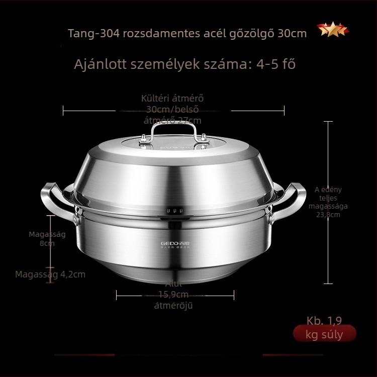 Gőzölő edény, 3 rétegű, 304 rozsdamentes acélból, tartalmaz két pároló tálcát és egy szauna tálcát, füstmentes, gáztűzhelyhez kompatibilis