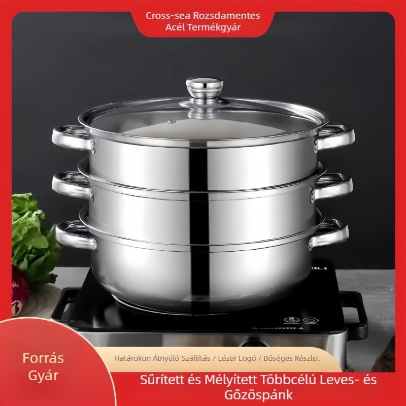 Rozsdamentes acélból készült háromrétegű gőzölőedény, nagy kapacitású, üvegfedél, indukciós főzőfelületekhez kompatibilis