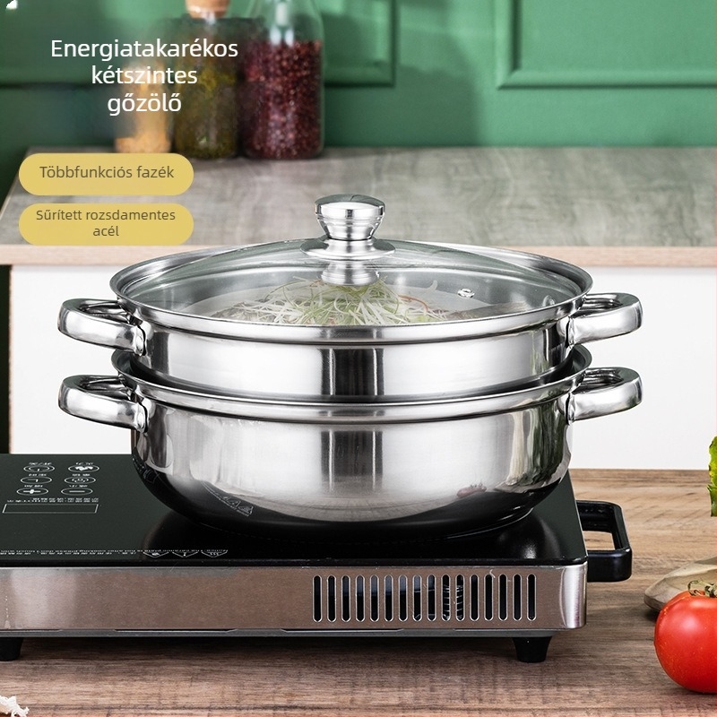 Le Chef 2‑rétegű rozsdamentes acél párolóedény 400-as minőségű, üvegfedővel, általános tűzhelyhez, 1 kg