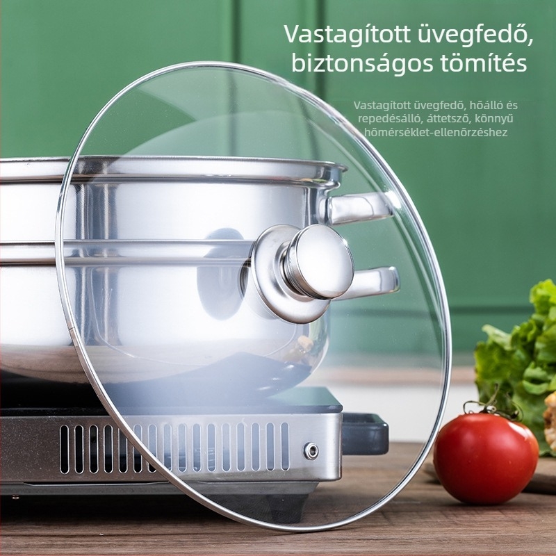 Le Chef 2‑rétegű rozsdamentes acél párolóedény 400-as minőségű, üvegfedővel, általános tűzhelyhez, 1 kg