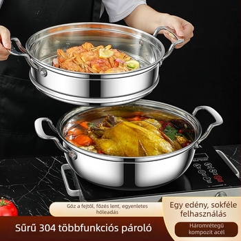 304 rozsdamentes acél gőzölő leveses edény, kétszintes kialakítás, dupla aljzattal, 8–9 cm mélység, minden tűzhelyhez