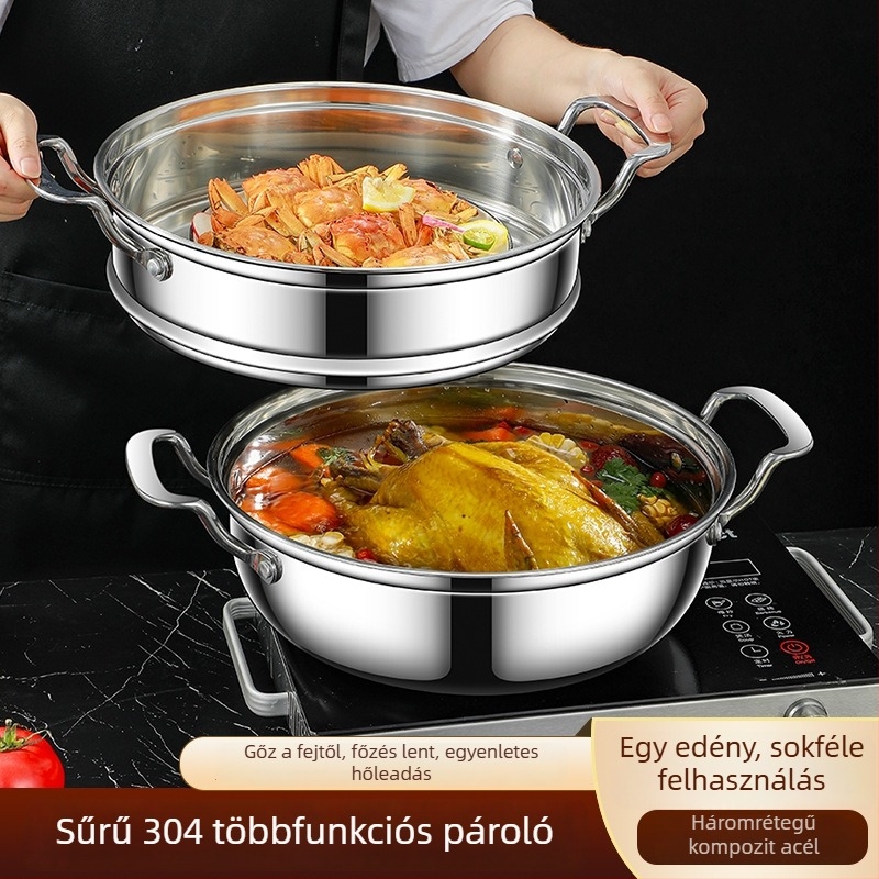 304 rozsdamentes acél gőzölő leveses edény, kétszintes kialakítás, dupla aljzattal, 8–9 cm mélység, minden tűzhelyhez
