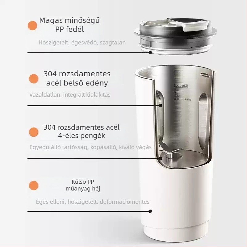 Hordozható szójaitó készülék üvegtesttel, 300 W, kapacitás 1 L alatt, érintéses működés.