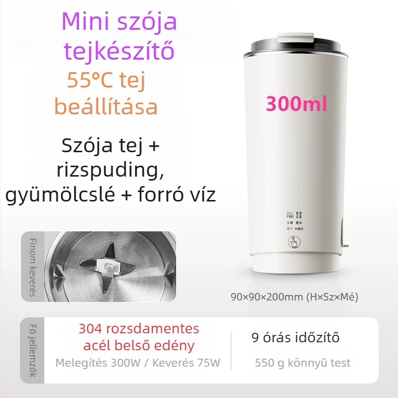 Hordozható szójaitó készülék üvegtesttel, 300 W, kapacitás 1 L alatt, érintéses működés.