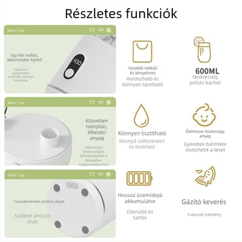 Hordozható gyümölcslé készítő – újratölthető beépített akkumulátorral, teljesen automata, 12 pengével, 400 ml kapacitás, 200 W