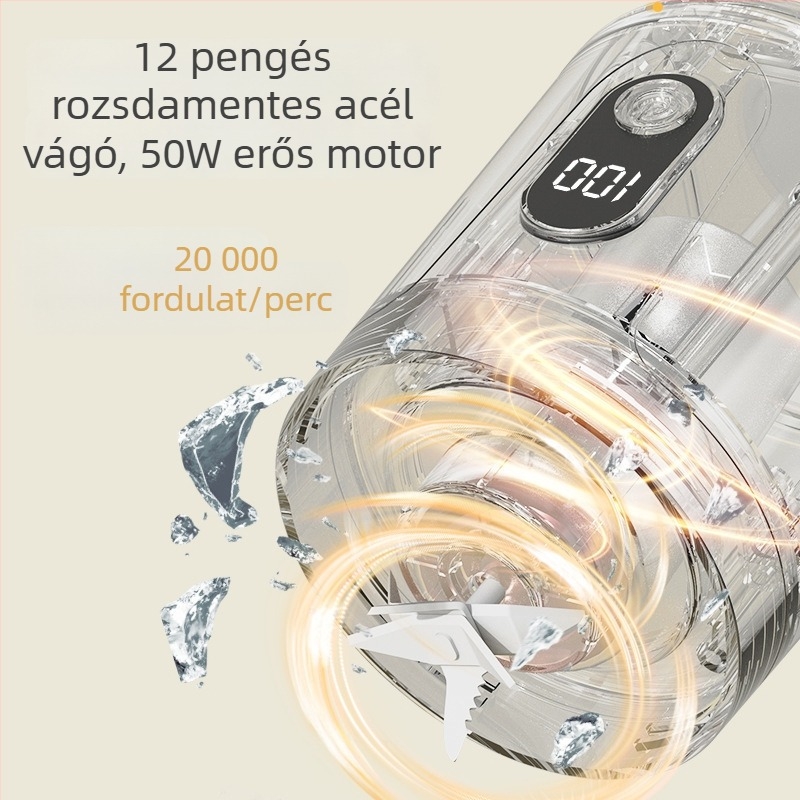 Hordozható gyümölcslé készítő – újratölthető beépített akkumulátorral, teljesen automata, 12 pengével, 400 ml kapacitás, 200 W