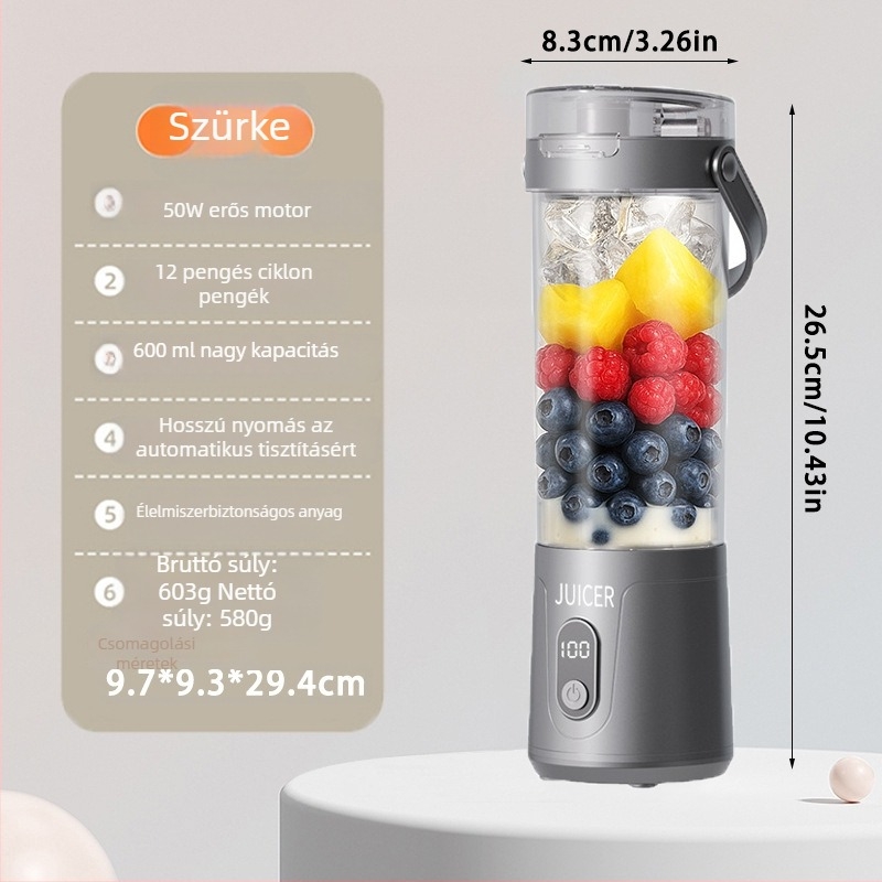 Hordozható gyümölcslé készítő – újratölthető beépített akkumulátorral, teljesen automata, 12 pengével, 400 ml kapacitás, 200 W