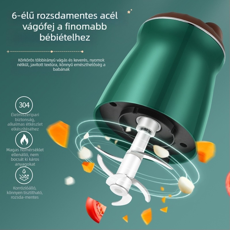 Multifunkcionális babaételek készítő üveg edénnyel, 6+ pengével, 2 sebesség, 110–240 V, félautomata, püré és darálás céljából