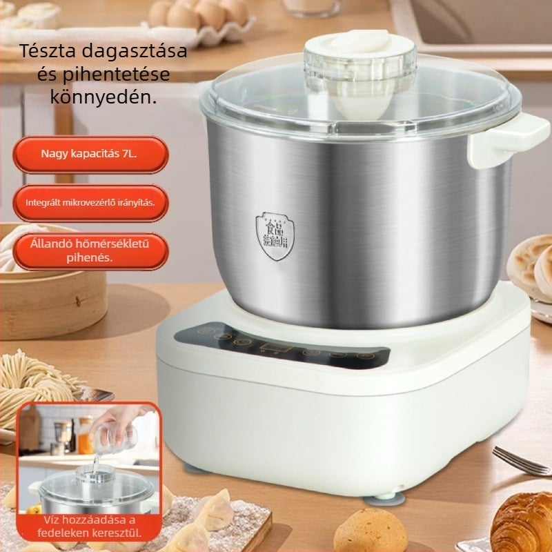 Tészta dagasztógép – teljesen automata, háztartási konyhai készülék, rozsdamentes acél test, kapacitás 11–20 L, 250 W teljesítmény