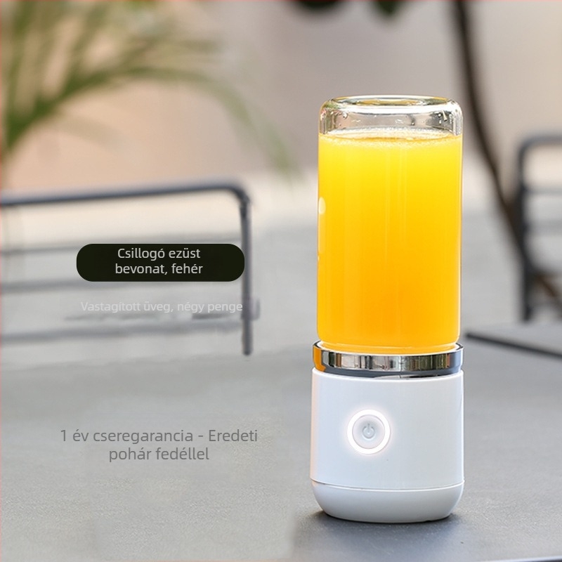 Hordozható gyümölcscentrifuga pohár 4 pengével, belső boroszilikát üveg, beépített akkumulátor, USB-töltés, legfeljebb 400 ml gyümölcslé