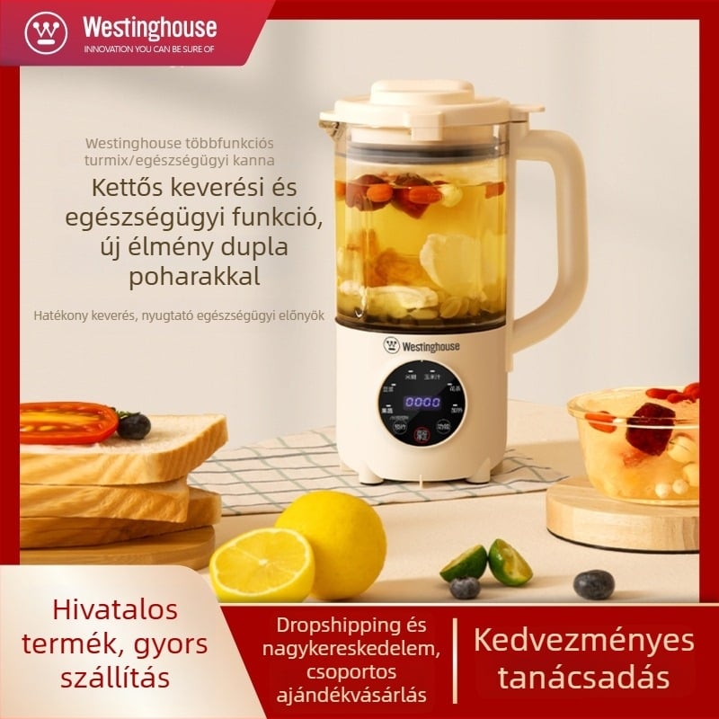 Westinghouse mini turmixgép szójatej készítő és élelmiszer-processor, teljesen automata, mosás- és szűrésmentes, melegen tartó funkció, modell WFB-A629; kapacitás 0,6 L alatt; mechanikus működtetés; 1–3 személy részére