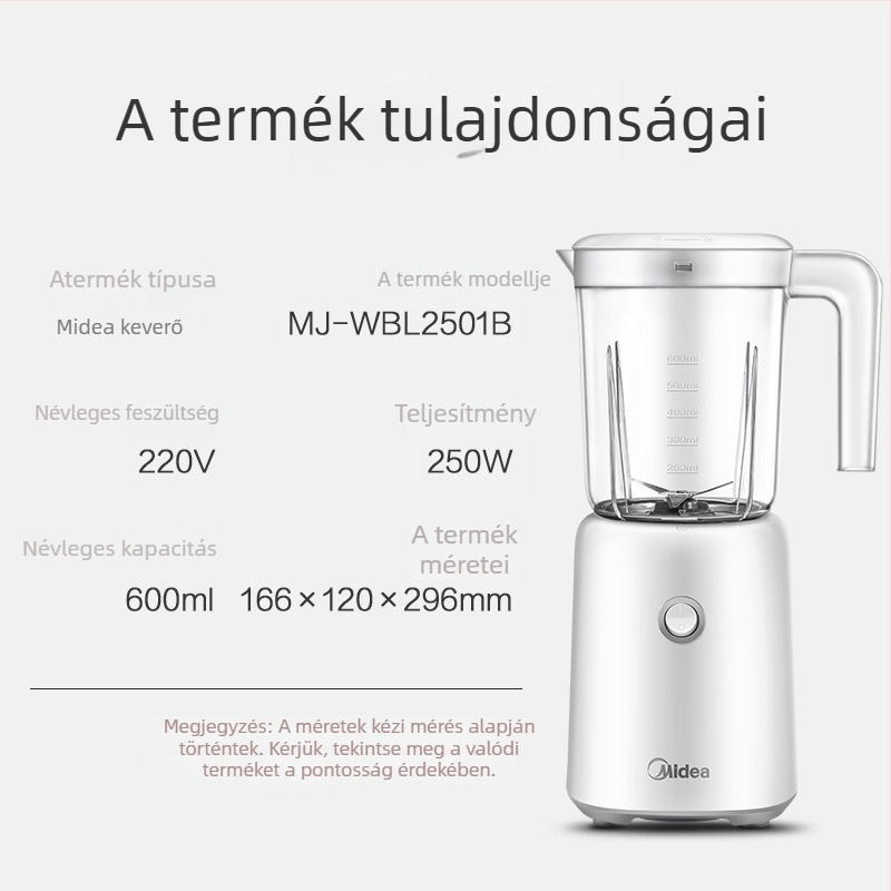 Midea WBL2501B intelligens gyümölcs- és bébiételőrlő készülék, 250W, 0,6 L, max 12 000 rpm, négy pengés fej, boroszilikát üveg belső