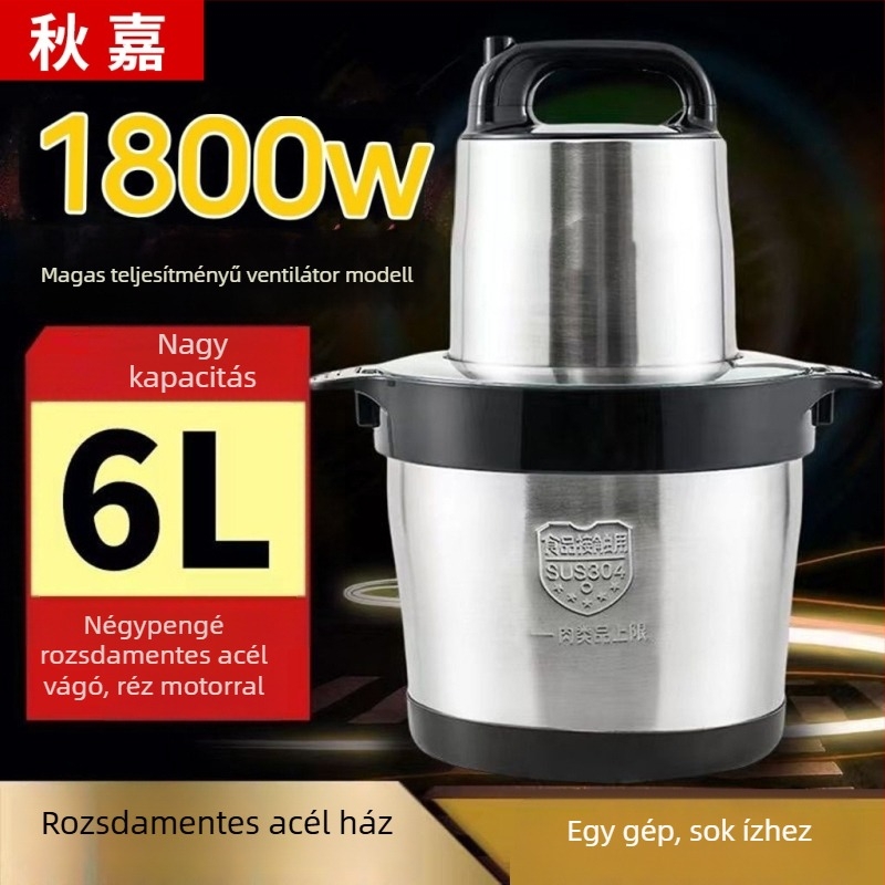 Rozsdamentes acél húsdaráló, kapacitás 5–10 L, teljesen automata, nyomógombos vezérlés, 4 pengével