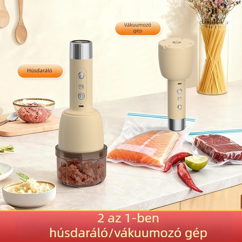 2–in–1 húsdaráló és vákuumozó, elektromos turmixgép a húsdaráláshoz, fokhagyma paszta és csípős paprika készítéséhez, mind egyben