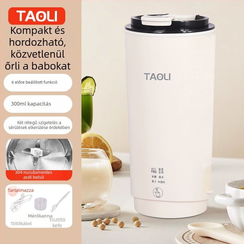 Hordozható szójatej- és bébiétel készítő, 300 ml – Modell 301, Rozsdamentes acél testé, szitát nem igénylő őrlés, vázmelegítés, 300W