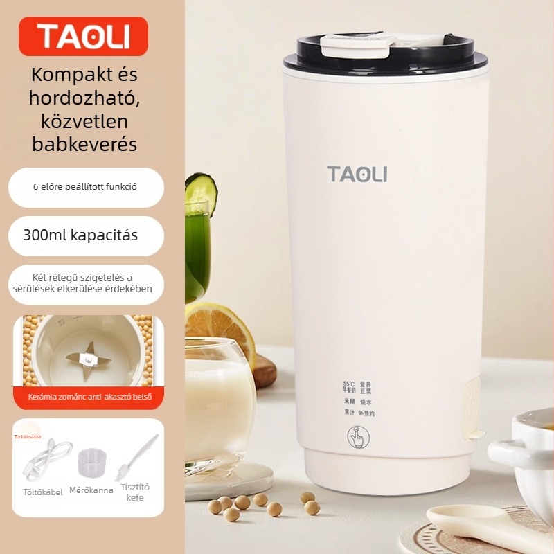 Hordozható szójatej- és bébiétel készítő, 300 ml – Modell 301, Rozsdamentes acél testé, szitát nem igénylő őrlés, vázmelegítés, 300W