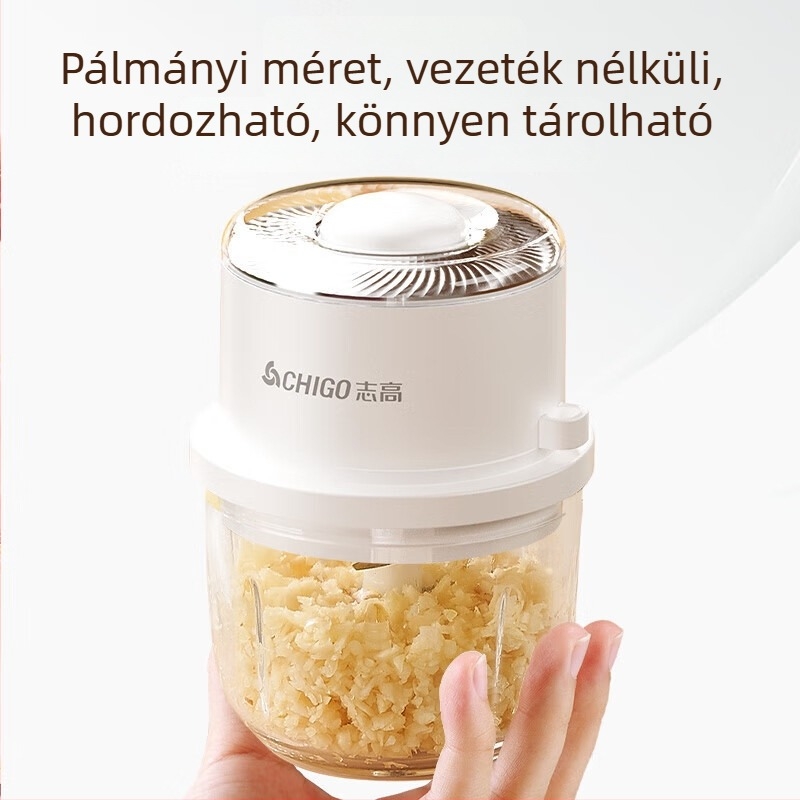 Elektromos fokhagyma nyomó és aprító, vezeték nélküli, hordozható, üvegpohár, 4 pengével, ≤36V, <10 000 rpm