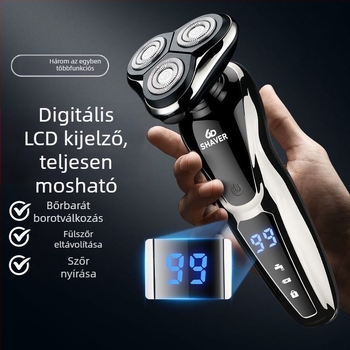 Elektromos borotva egy forgó fejjel, USB töltés, 60+ perc üzemidő, brushless motor, nedves-száraz használat
