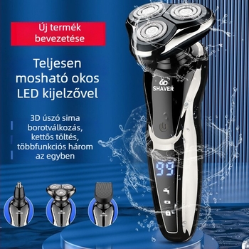 Elektromos borotva egy forgó fejjel, USB töltés, 60+ perc üzemidő, brushless motor, nedves-száraz használat