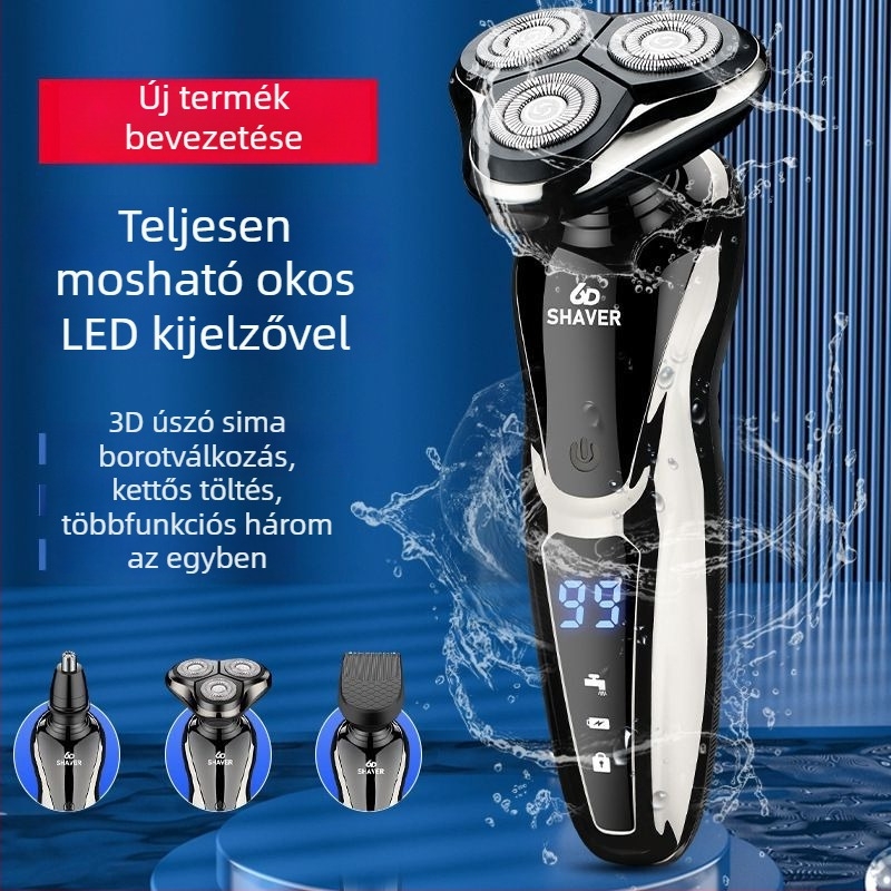 Elektromos borotva egy forgó fejjel, USB töltés, 60+ perc üzemidő, brushless motor, nedves-száraz használat