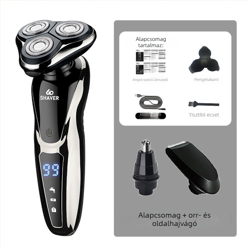 Elektromos borotva egy forgó fejjel, USB töltés, 60+ perc üzemidő, brushless motor, nedves-száraz használat
