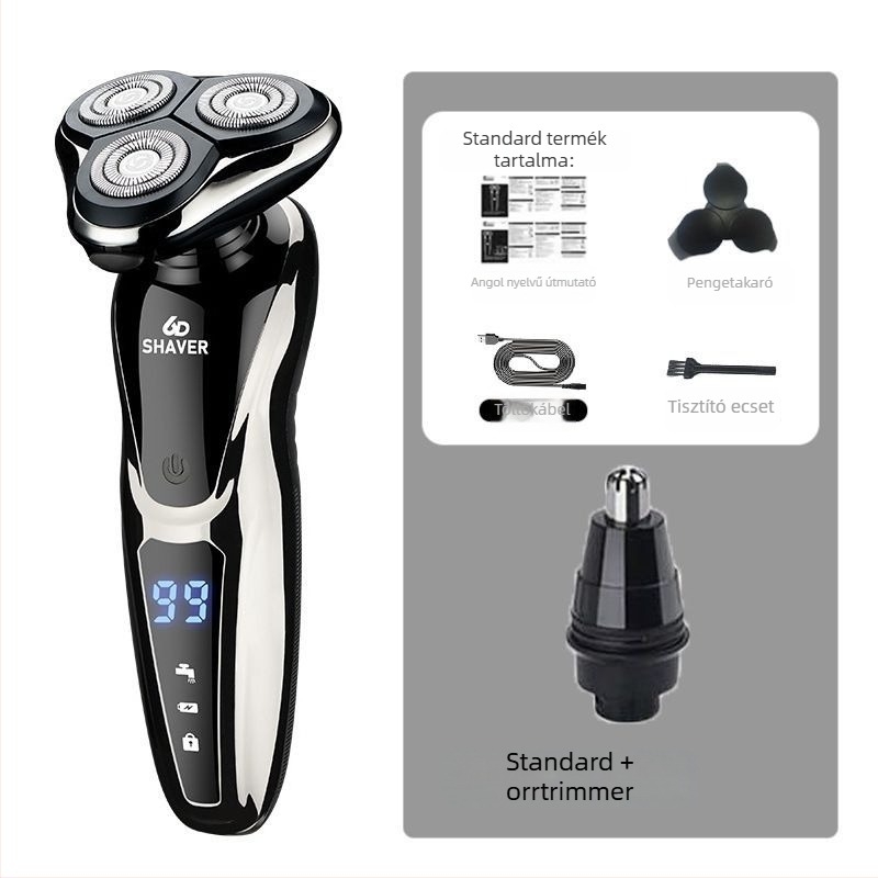 Elektromos borotva egy forgó fejjel, USB töltés, 60+ perc üzemidő, brushless motor, nedves-száraz használat