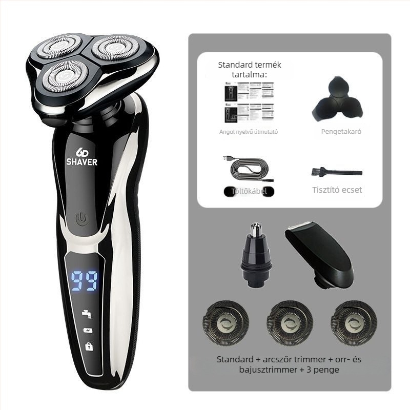 Elektromos borotva egy forgó fejjel, USB töltés, 60+ perc üzemidő, brushless motor, nedves-száraz használat