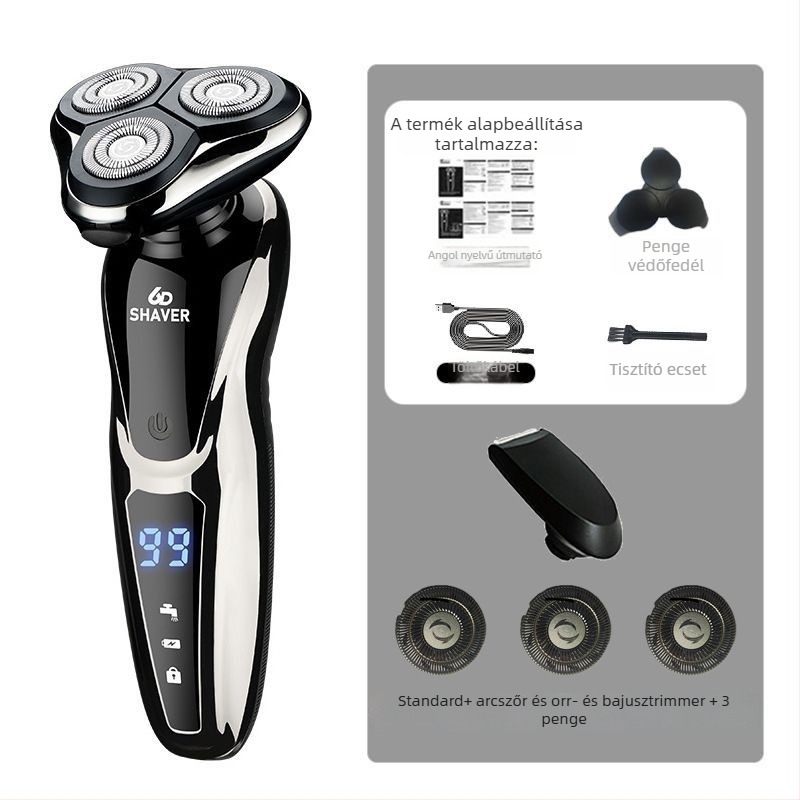 Elektromos borotva egy forgó fejjel, USB töltés, 60+ perc üzemidő, brushless motor, nedves-száraz használat