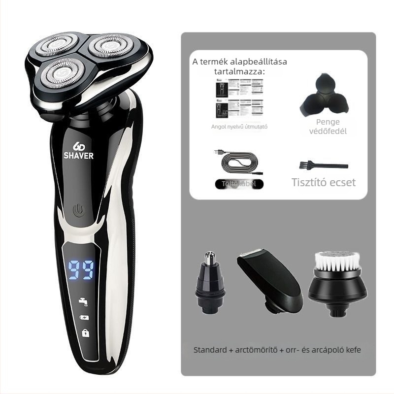 Elektromos borotva egy forgó fejjel, USB töltés, 60+ perc üzemidő, brushless motor, nedves-száraz használat