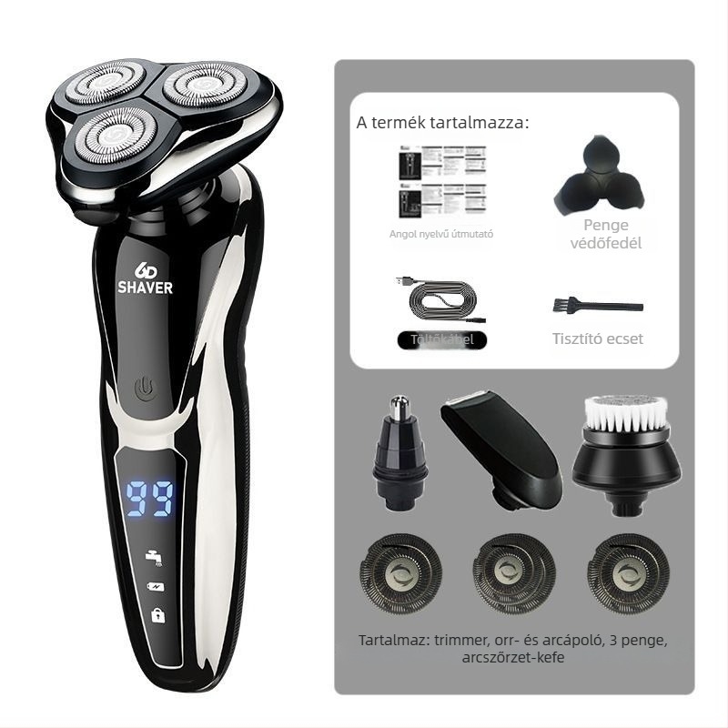 Elektromos borotva egy forgó fejjel, USB töltés, 60+ perc üzemidő, brushless motor, nedves-száraz használat