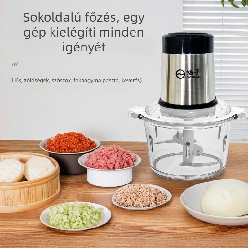 Húsdaráló és élelmiszer-feldolgozó, 3L kapacitás, 4 rozsdamentes acél pengével, rozsdamentes acél test, állítható sebességfokozat, 111–240V