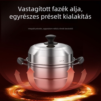 Otthoni használatra szánt többhéjú rozsdamentes acél gőzölőedény; indukciós és gáztűzhely-kompatibilis; üvegfedő; élelmiszerbiztonsági minőség és korrózióállóság; 2–3 szint