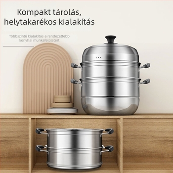 Otthoni használatra szánt többhéjú rozsdamentes acél gőzölőedény; indukciós és gáztűzhely-kompatibilis; üvegfedő; élelmiszerbiztonsági minőség és korrózióállóság; 2–3 szint