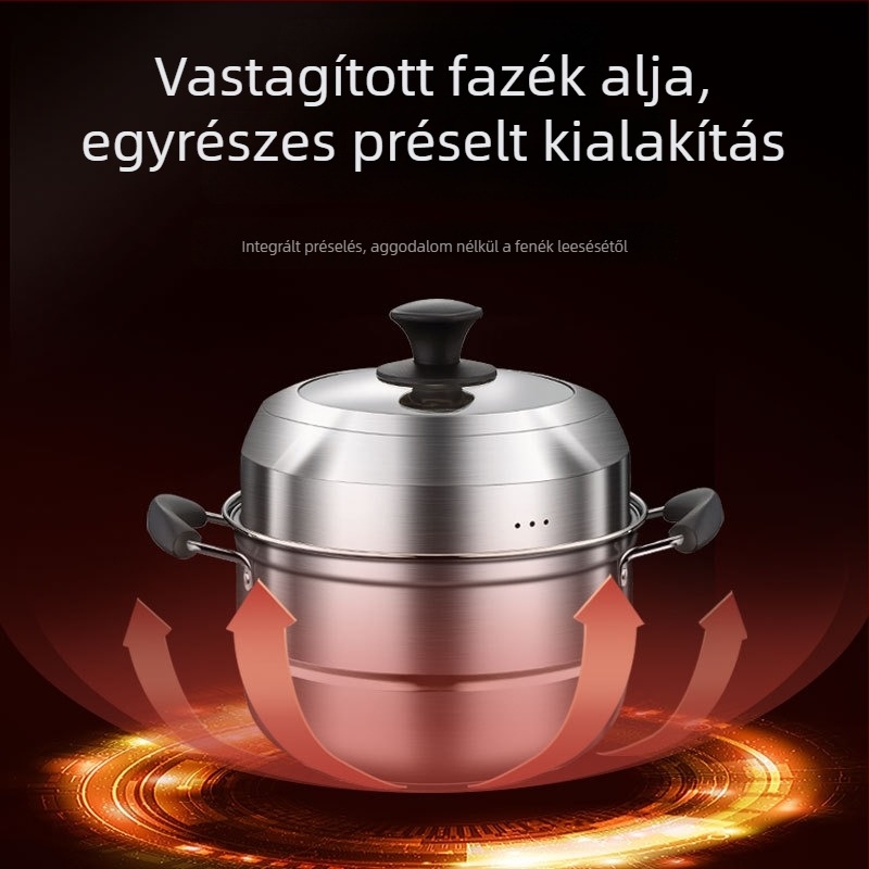 Otthoni használatra szánt többhéjú rozsdamentes acél gőzölőedény; indukciós és gáztűzhely-kompatibilis; üvegfedő; élelmiszerbiztonsági minőség és korrózióállóság; 2–3 szint