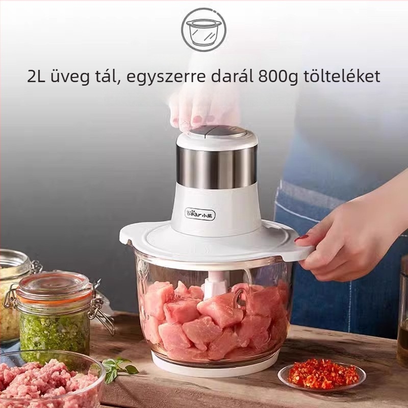 Húsdaráló és vágó készülék állítható sebességgel, kapacitás 1–3 L, 111–240 V, 10000 rpm, kettős keverő pengével, 2 pengével