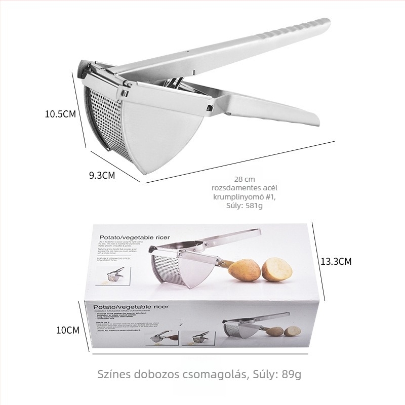 Rozsdamentes acélból készült kézi burgonyaprés, manuális zöldség- és gyümölcsprés, modern minimalist design, áram nélkül, 2024-ben került a piacra