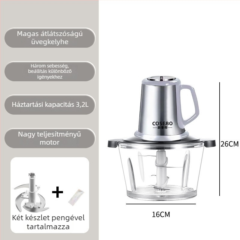 Húsdaráló és többfunkciós konyhai processzor üveg tálalóval, 40 L+ kapacitás, motor 40 000 rpm feletti, távirányító, 6 vagy több pengével