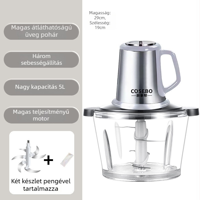 Húsdaráló és többfunkciós konyhai processzor üveg tálalóval, 40 L+ kapacitás, motor 40 000 rpm feletti, távirányító, 6 vagy több pengével