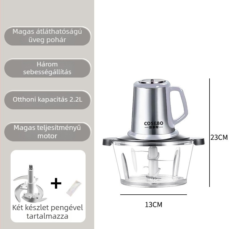 Húsdaráló és többfunkciós konyhai processzor üveg tálalóval, 40 L+ kapacitás, motor 40 000 rpm feletti, távirányító, 6 vagy több pengével